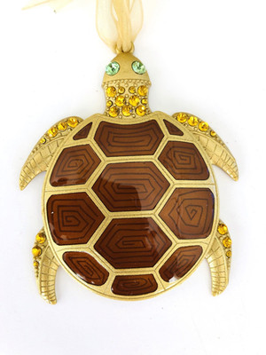 LOGGERHEAD SEA TURTLE ORNAMENT enameled and jeweled Gold metal NEW