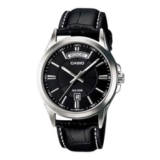 Casio MTP-1381L-1AV Black Dial Leather Band Analog Watch Day Date 50M Men