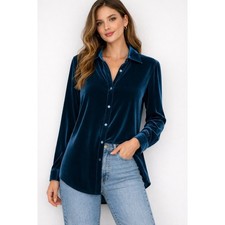 John Mark Teal Blue Velvet Button Down Shirt Tunic High Low Womens Size M Blouse