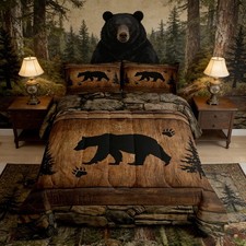 Rustic Bear Comforter Set King Size,Wild Animal Hunting Bedding Set 3pcs,Farm...
