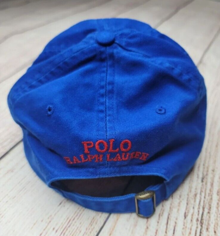 Cappello da baseball Polo Ralph Lauren blu marrone chiaro nuovo senza etichette USA cinturino regolabile pony