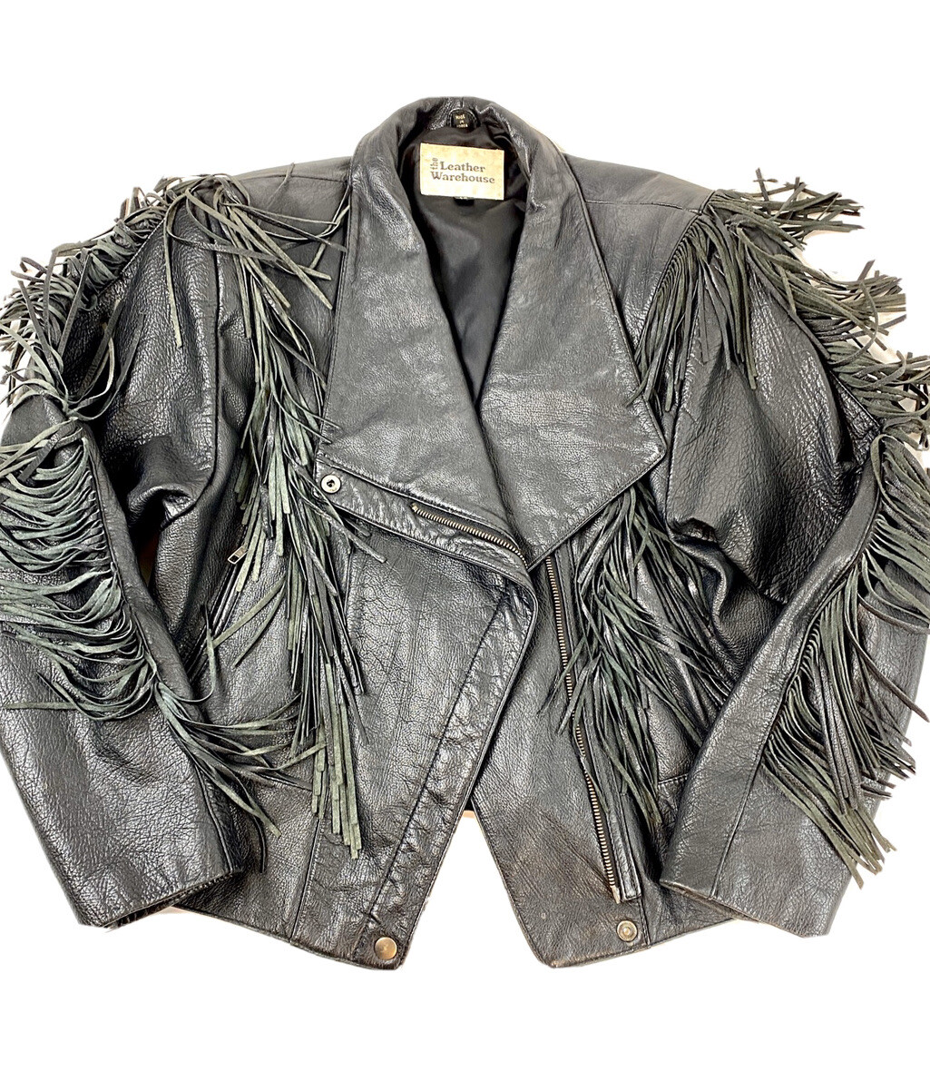 Vintage 90s Y2K Leather Jacket Moto Biker Fringe Black Grunge 