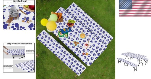 Stretchable PEVA Tablecloth with Non-Skid Bench Covers - Set for 8ft Tables - Picture 2 of 9