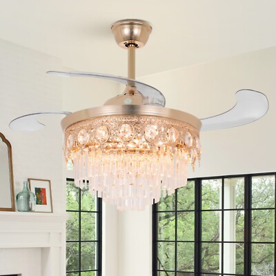 42'' Gold LED Crystal Chandelier Remote 3-Colors 6-Speeds Ceiling Fan Reversible