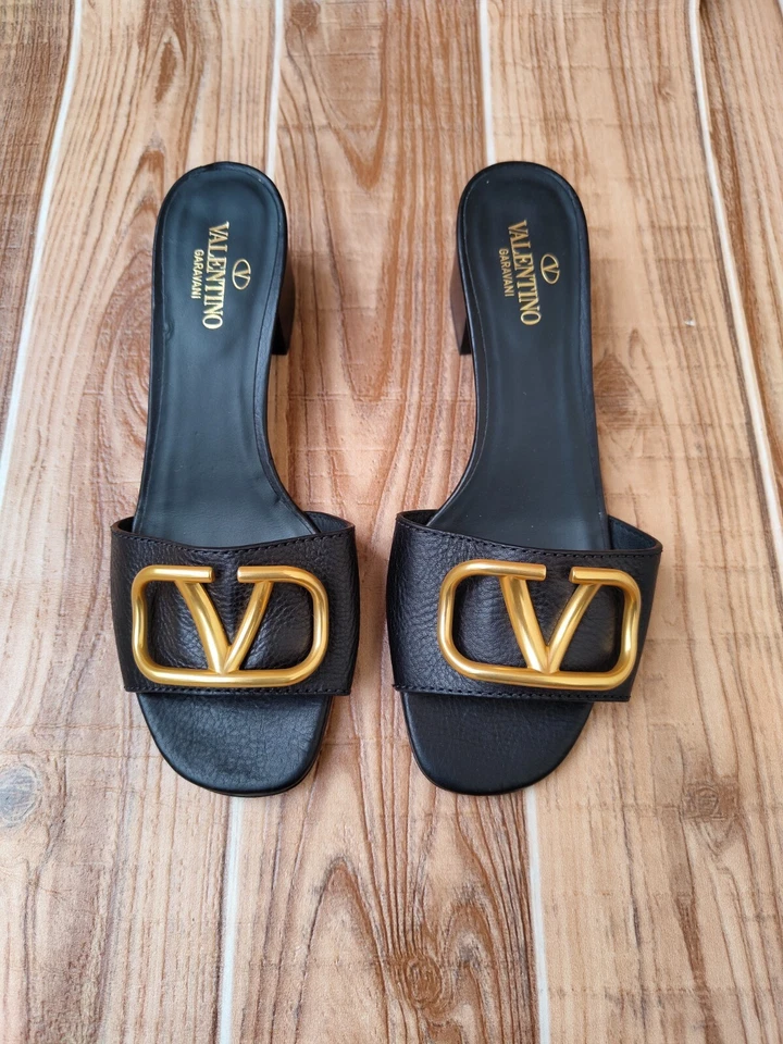 VALENTINO Black Leather V Logo Signature Open Toe Slide Sandals EU 37.5 US 7 - Image 2 of 4
