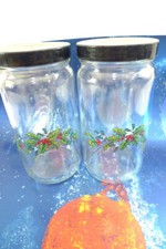 2 Christmas FOOD CANDY GIFT or STORAGE JARS With Lids Holly Design