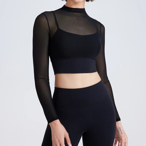 Mesh Yoga Long Sleeved Sports T-Shirt with Chest Pad Women Workout Gym Shirts - Picture 8 of 34