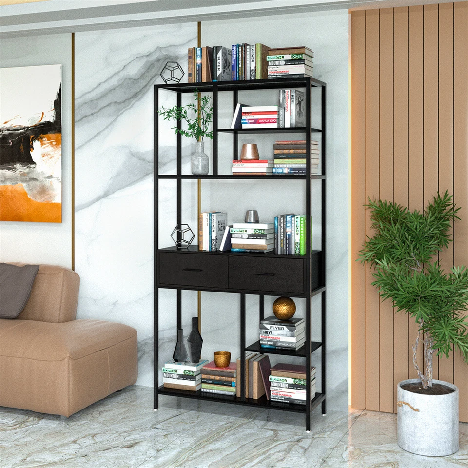 8-Tier Large Bookshelf Book Storage Shelves Modern Style Bookcase with Drawers - image 2 of 4