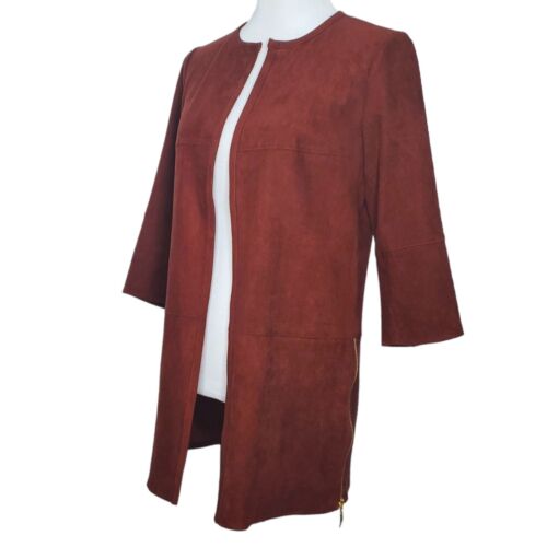 Chicos Jacket Topper Size 0 Faux Suede 3/4 Sleeves Zip Side Detail Rich Mahogany - Picture 1 of 8