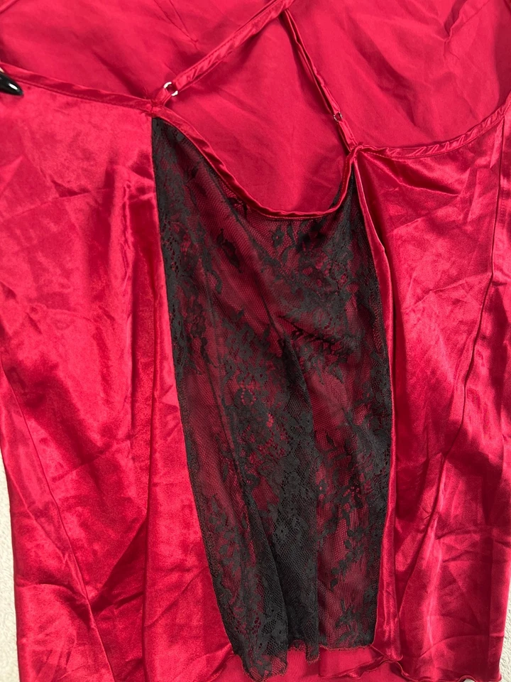 Womens Red Satin Black Lace Slip Dress Chemise Negligee Nighty Sexy Size XL - Image 2 of 4
