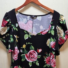 SHEIN Curve Dress Womens 1XL Black Floral Puff Sleeve Square Neck Sheath