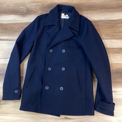 Topman Peacoat Men Small Classic Wool Blend Double Breasted Navy Blue Minimalist