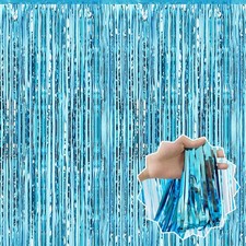 3 PCS 3.28x6.6ft Light Blue Foil Fringe Curtain Metallic Tinsel Party Backdrop