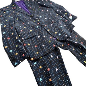 Men's Pac-Man Print Suit Jacket & Pants Set Halloween Costume Retro Arcad Gamer