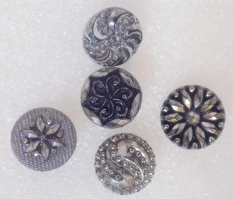 Lot of 5 Silver Luster Black Glass Buttons Lacy Diamond Daisy Swirls SL2 - Image 3 of 4