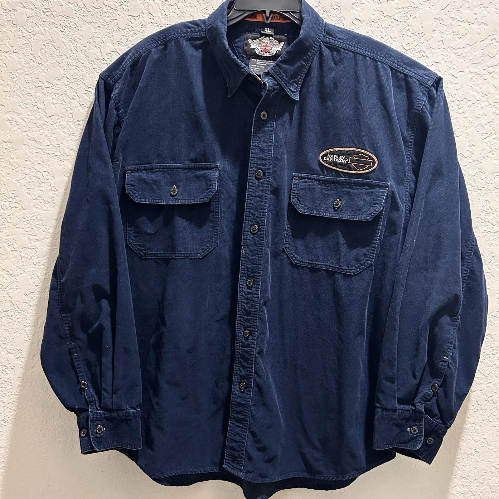 HARLEY DAVIDSON Button Down NAVY CORDUROY SHIRT W/ PATCHES X-Large