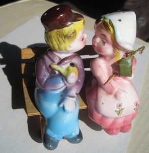 Kissing Dutch Couple on Bench; Vintage Salt and Pepper Figurines; Made in Japan