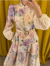 ZIMMERMANN Women's Floral Print Lantern Sleeve Stand Collar Midi Dress New