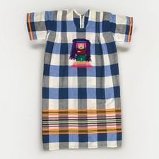 VTG Mexican Huipil Dress Boho Embroidered Blue Gingham Festival Ethnic Aztec Zip