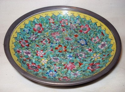 Y.Y. Japanese Porcelain Painted Enamel Flower Leaf Pewter Encased 5 ¾  Bowl Dish