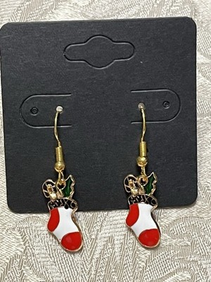 Retro Christmas Stocking Holiday Gold Loop Enamel Drop Dangle Adorable Earrings