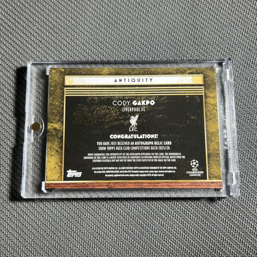 2025-26 Topps Deco UEFA Cody Gakpo Match worn Liverpool Logo Patch Auto 1/1 SSP view 2