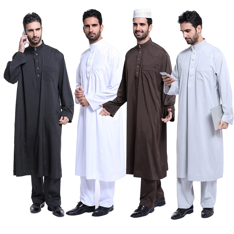 Men Muslim Set Clothing Long Sleeve Robe Saudi Arab Islamic Dress Dishdasha