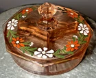 Vintage Pink Depression Glass Divided Candy Dish w Hand Painted Lid