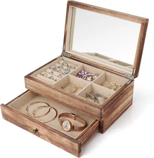 Rustic 2-Layer Jewelry Box Organizer with Mirror & Ring Tray for Women