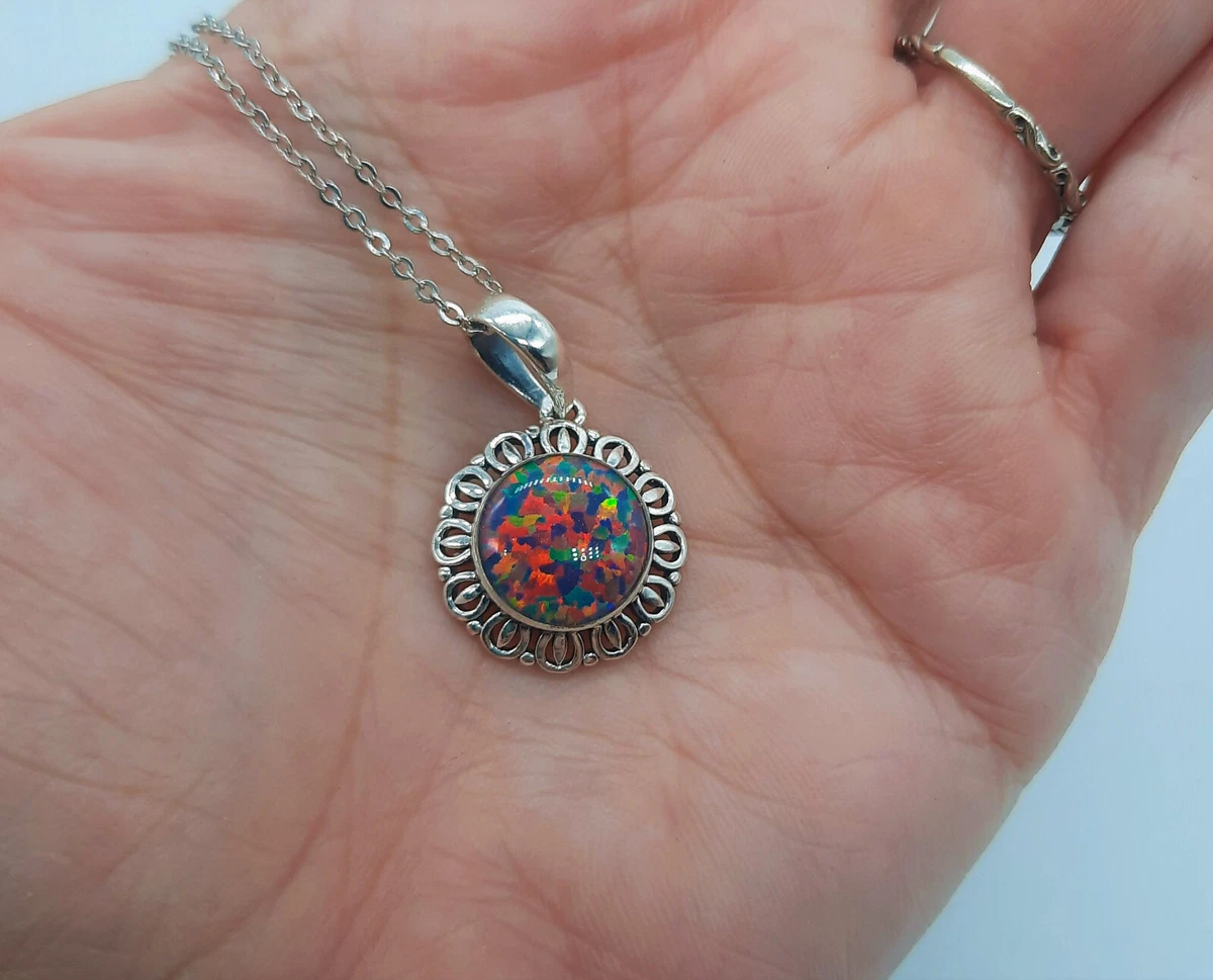 925 Sterling Silver Iridescent Black Fire Opal Pendant Necklace