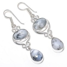 Dendrite Opal Gemstone Handmade 925 Sterling Silver Jewelry Earring Size 2.4"