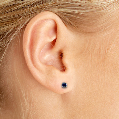 14k Petite White Gold Round Genuine Sapphire Stud Earrings - Picture 3 of 3