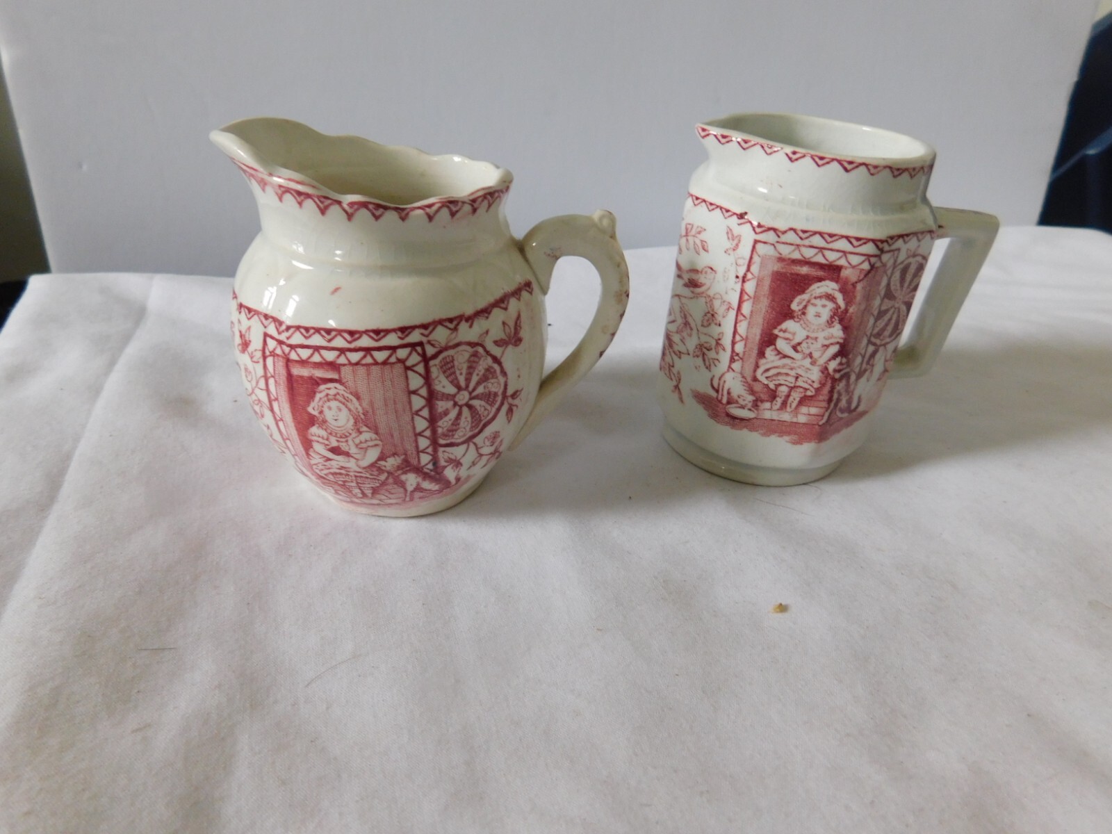 Childs c1833 Staffordshire china 2 creamers girl with cat & dog