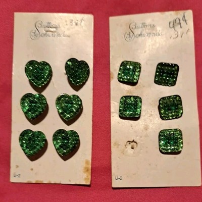 2 Vintage Shank Button Cards Green Sparkly Hearts Squares mid-century