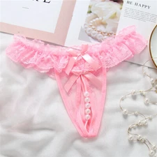 Women Sexy Lace Lingerie Pearl Panties G-String Hollow Thongs Bandages Underwear
