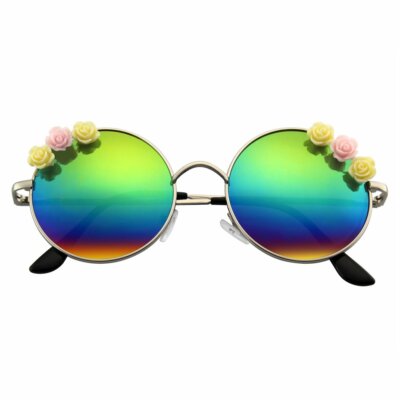 SUNGLASSES Womens Flower Retro Hippie Mirrored Round Lens Boho Sunglasses
