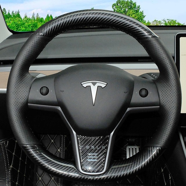 Carbon Fiber&PU Leather Steering Wheel Stitch on Wrap Cover For Tesla