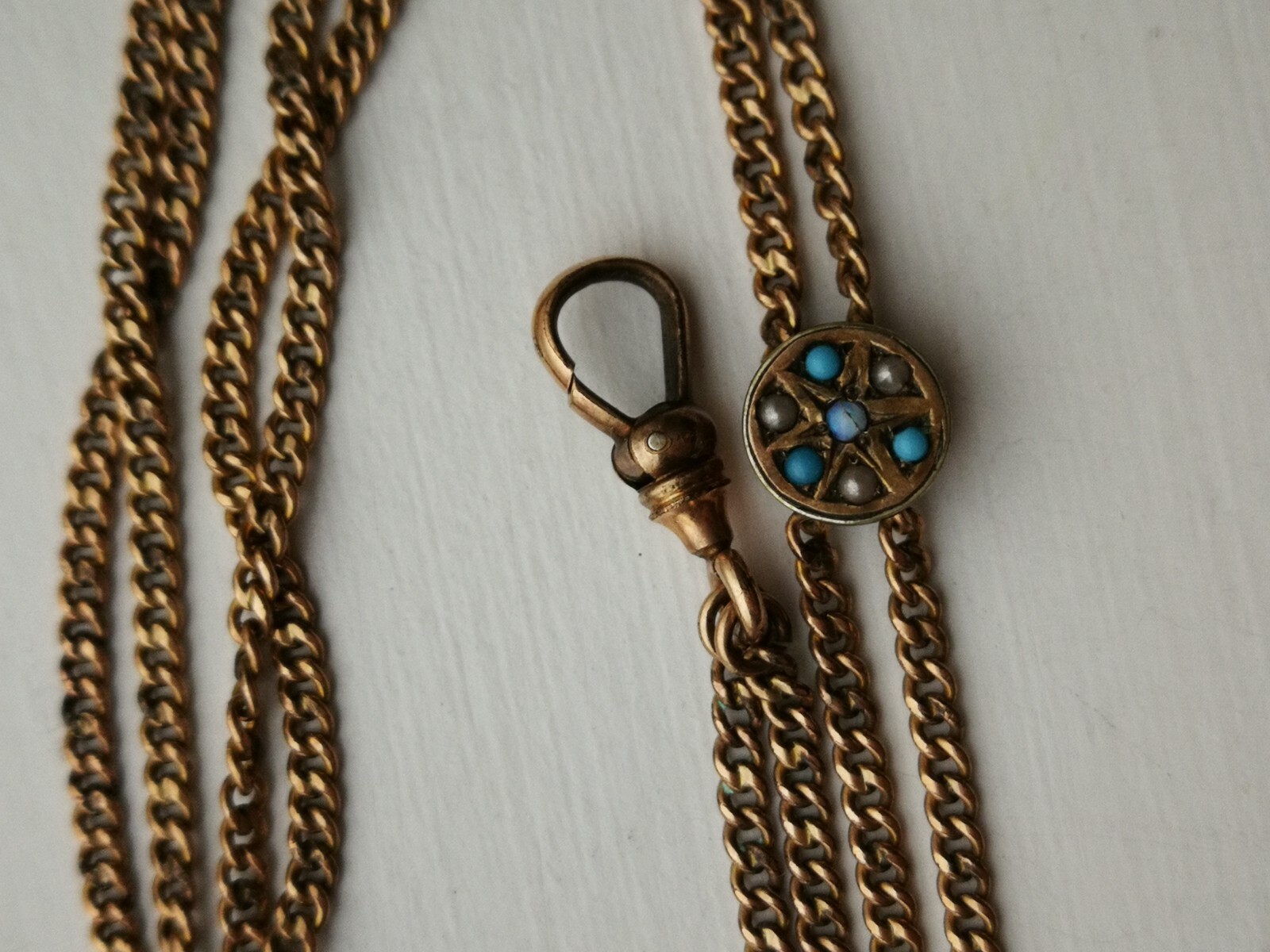 Vtg/antique 28" POCKET WATCH SLIDE CHAIN NECKLACE SEED PEARLS Turquoise