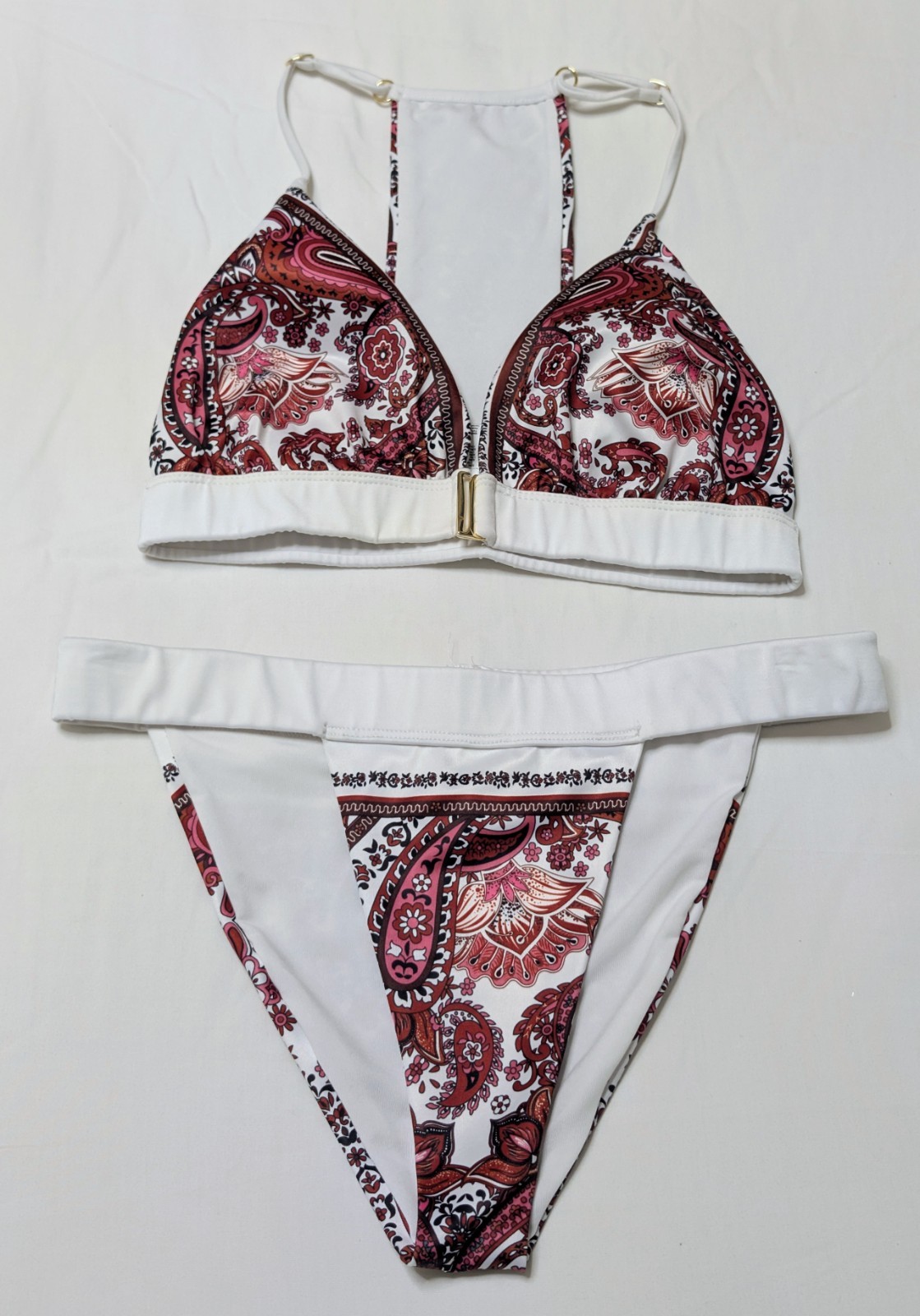 mapalé Paisley Print Bikini Set White Pink Brown Lined Spaghetti Strap Size M