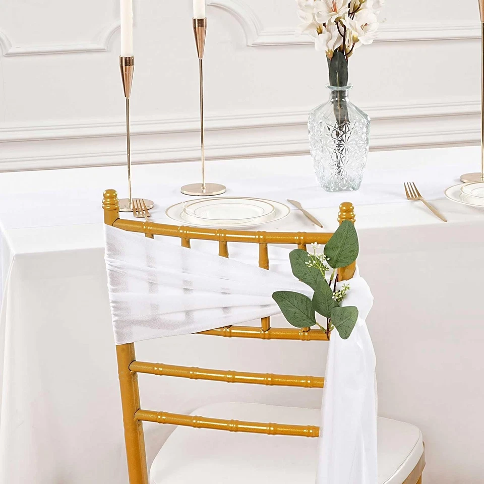 24 Pack of Sheer White Chair Sashes 8ft Long Wedding Aisle Decor with Eucalyptus - Image 3 of 4