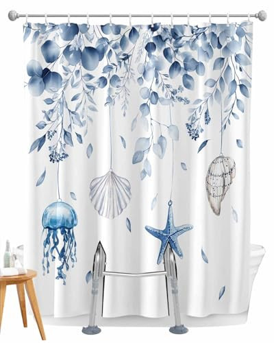 Split Shower Curtain for Transfer Bench, Blue Coastal Waterproof Fabric Shower