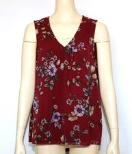 NWT Pleione Burgundy Floral Sleeveless Blouse With Lining V Neck Size L