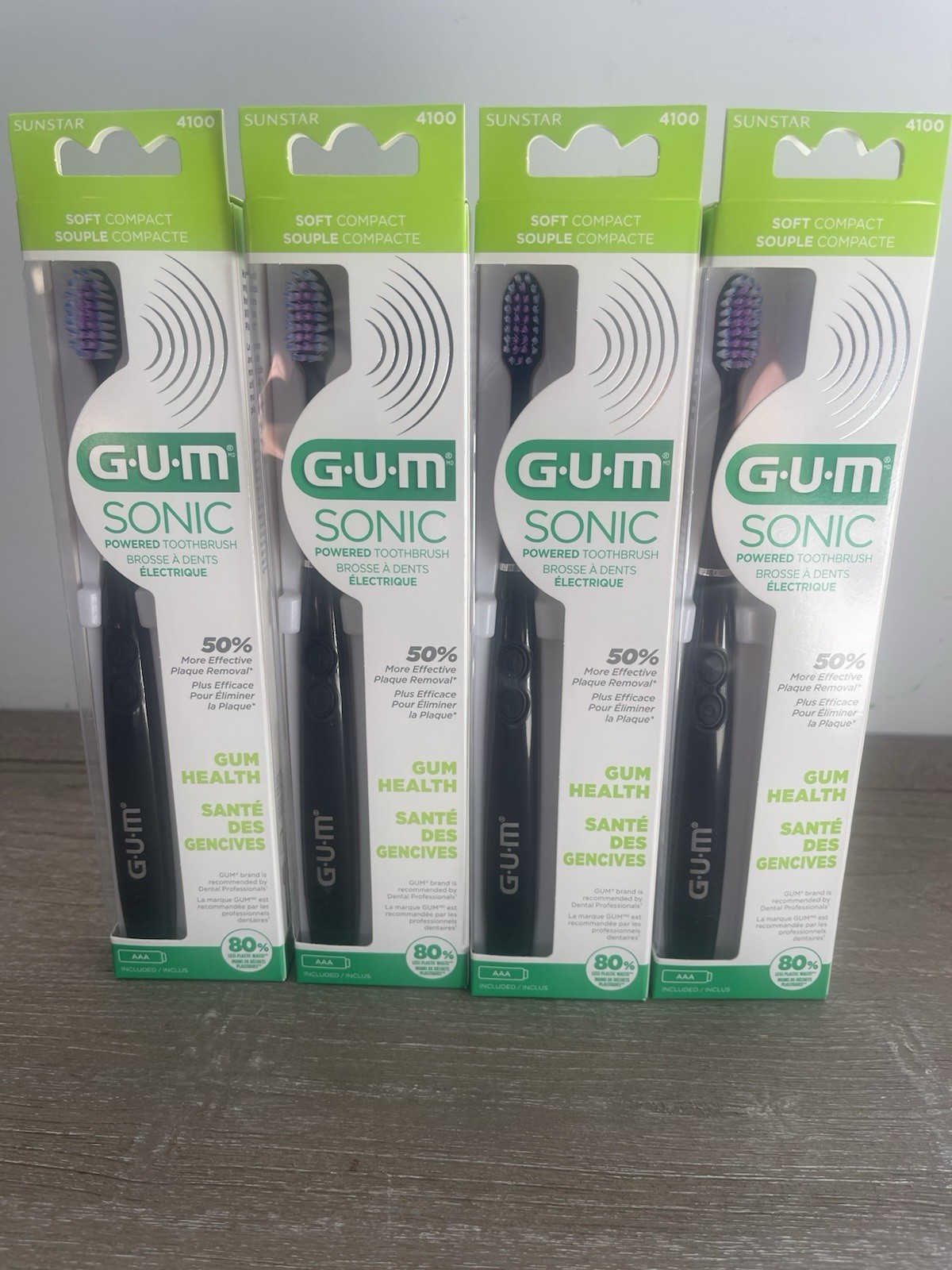 Lot 4 GUM Sonic Powered Toothbrush Soft Compact 4100 Black AAA Battery Included