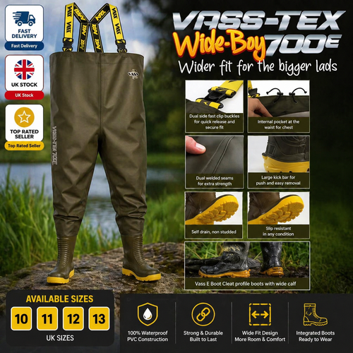 Vass-Tex Wide Boy 700E trampoliere pettorali impermeabili trampoliere da pesca UK 10-13 - Foto 4 di 6