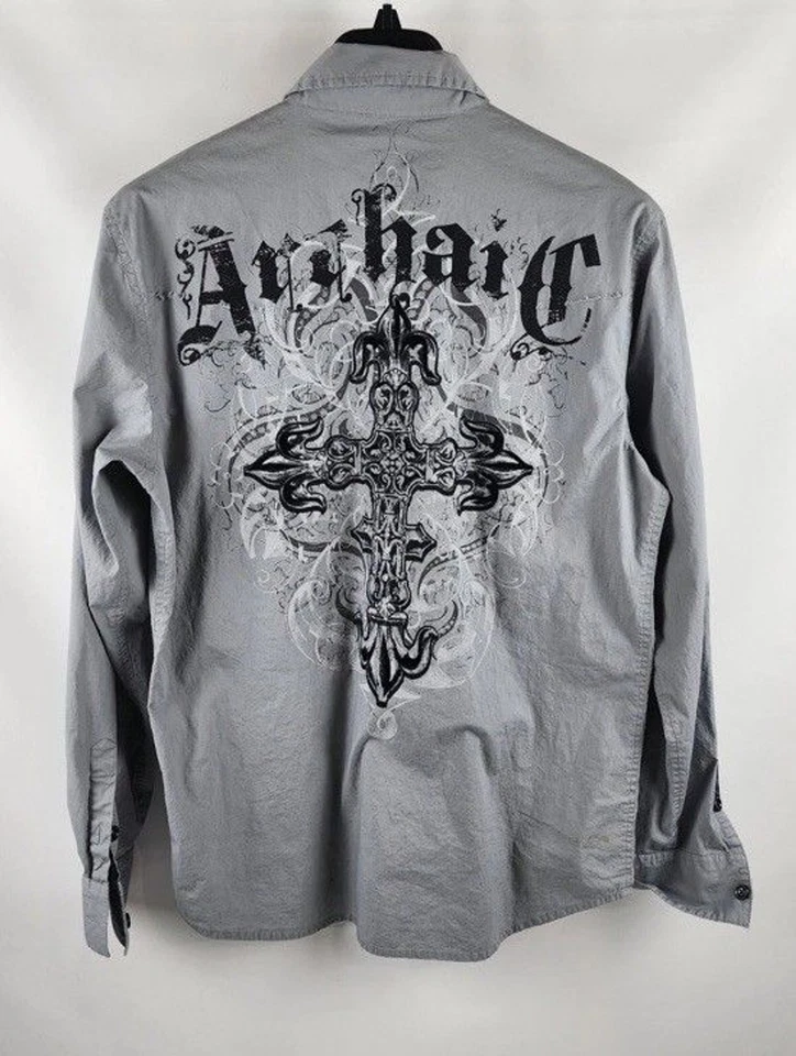 Camisa Arcaica Para Hombre XL Botones Gris Manga Larga Diseño de Logo Foto 2 de 4