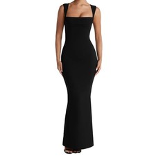 Summer Fashion Chic Slim Square Neck Sleeveless Bodycon Waist Cinch Maxi Dress