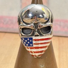 Oversized Mens Biker Ring Enamel American USA Flag Rebel Skull Motorcycle SZ 11