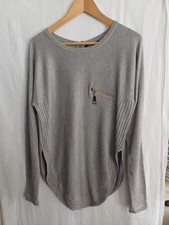 Women's CAMEO ROSE Grey Back Zip Longsleeved Round Hem Jumper Top Size M