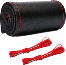 Genuine Leather Steering Wheel Cover, Stitch on Wrap, DIY Full Hole Black/Red