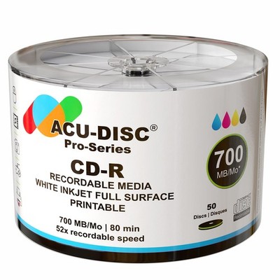 50 x ACU-DISC Pro-Series CD-R White Inkjet 52x 700MB/80mins Blank Discs ...